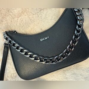 DKNY Black Pebbled Leather Bag with Silver Chain